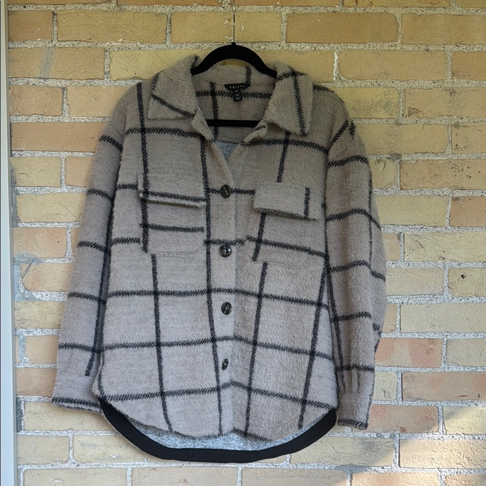 Tribal Tan And Black Checkered Teddy Jacket/Shacket